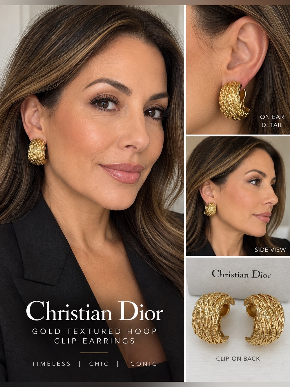 New Dior Gold Textured Hoop Clip Earrings - Gold